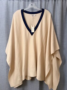 Nouveau Cream V-Neck Knit Poncho with Navy Trim by NEVSEA